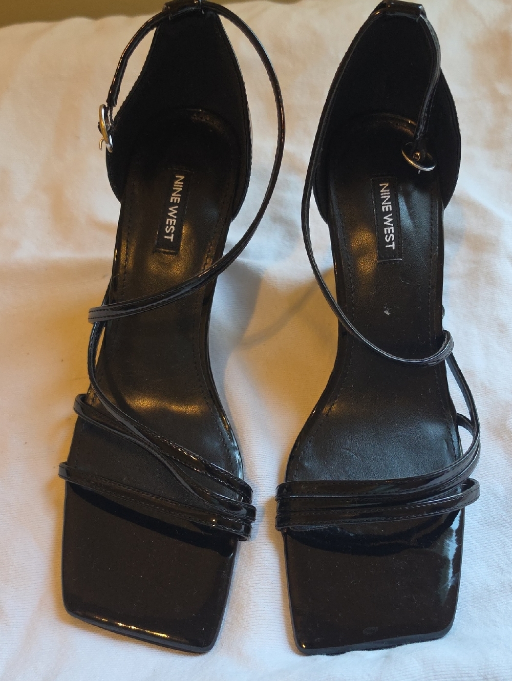 Nine West Black Patent Strappy Square-Toe Heels